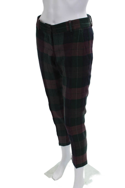 Theory Unisex Ankle Cropped Dress Pants Green Plaid 100% Wool Button Size 2