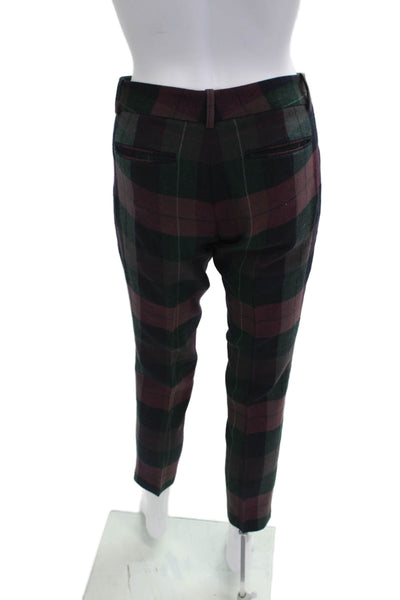 Theory Unisex Ankle Cropped Dress Pants Green Plaid 100% Wool Button Size 2