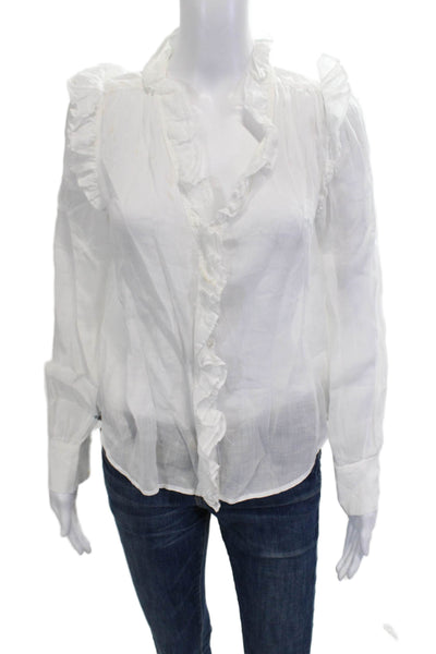 Frame Women Button Up Ramie Blouse Long Sleeve White Solid Size XS