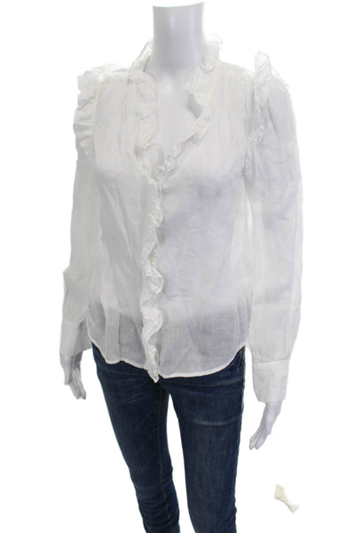 Frame Women Button Up Ramie Blouse Long Sleeve White Solid Size XS