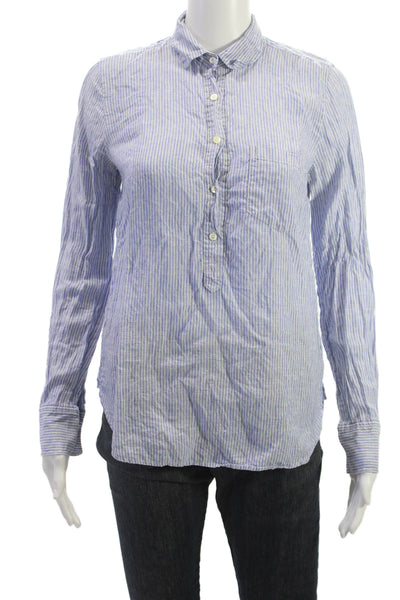 J Crew Womens Striped Linen Collared Button Up Light Blue Long Sleeve Size S
