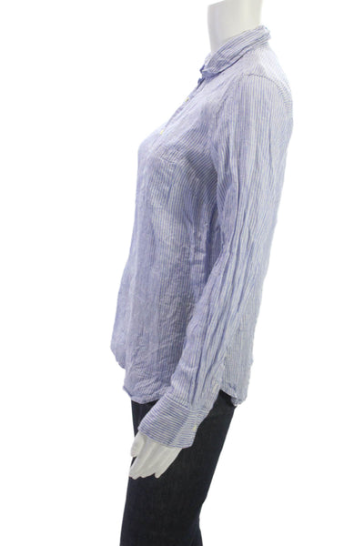 J Crew Womens Striped Linen Collared Button Up Light Blue Long Sleeve Size S