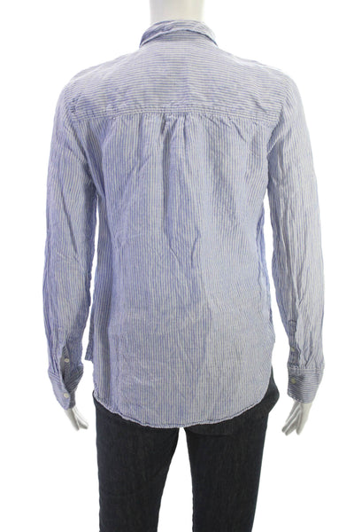 J Crew Womens Striped Linen Collared Button Up Light Blue Long Sleeve Size S