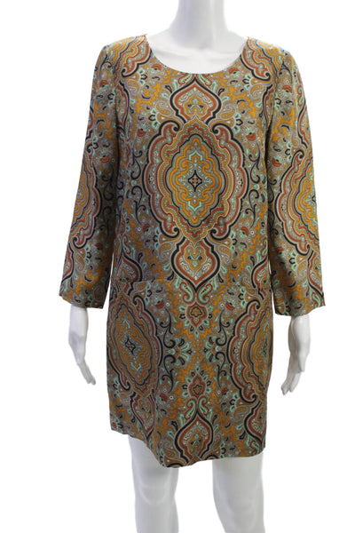 J Crew Womens Shift Dress Beige Silk Paisley 3/4 Sleeve Short Zip Size 6