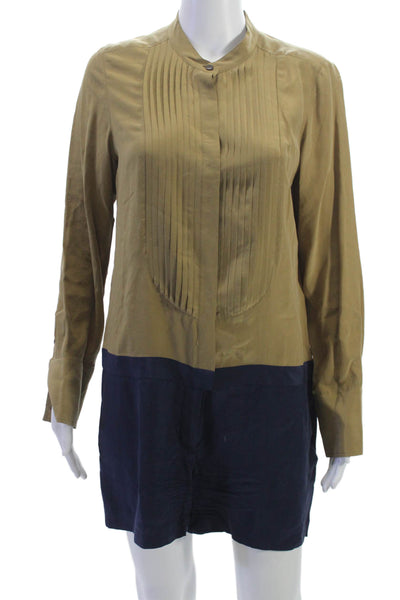 J Crew Women Silk Shirt Dress Romper Beige Long Sleeve High Neck Size 4