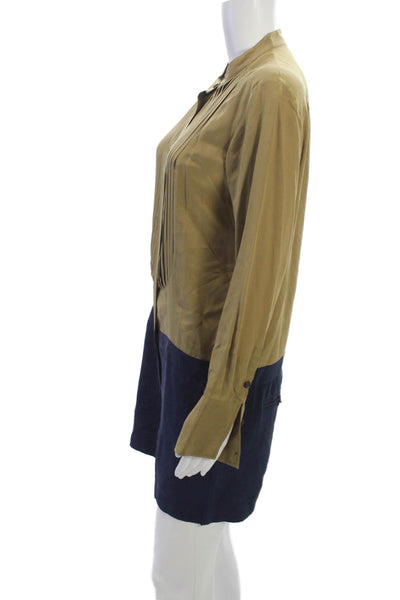 J Crew Women Silk Shirt Dress Romper Beige Long Sleeve High Neck Size 4