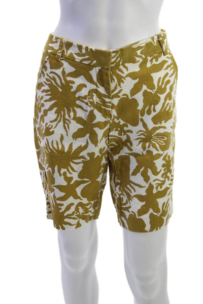 J Crew Unisex Linen Bermuda Chino Shorts White Floral Size 6