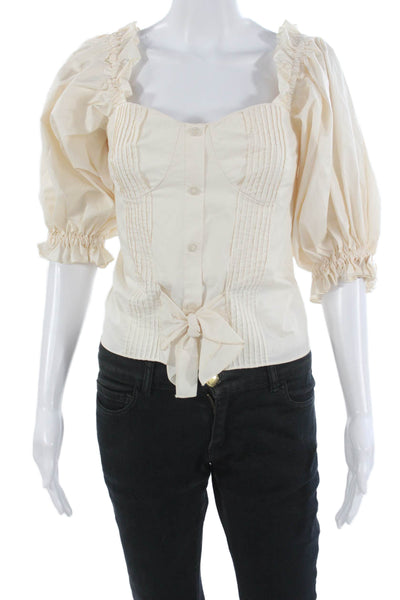 Johanna Ortiz Womens Beige Square Neck Button Up Blouse Size 8