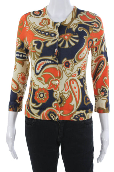 J Crew Women Cardigan Beige Merino Wool Crewneck 3/4 Sleeve Paisley Size S