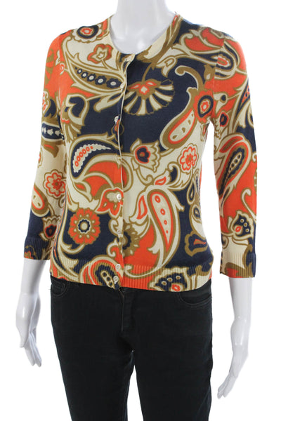 J Crew Women Cardigan Beige Merino Wool Crewneck 3/4 Sleeve Paisley Size S