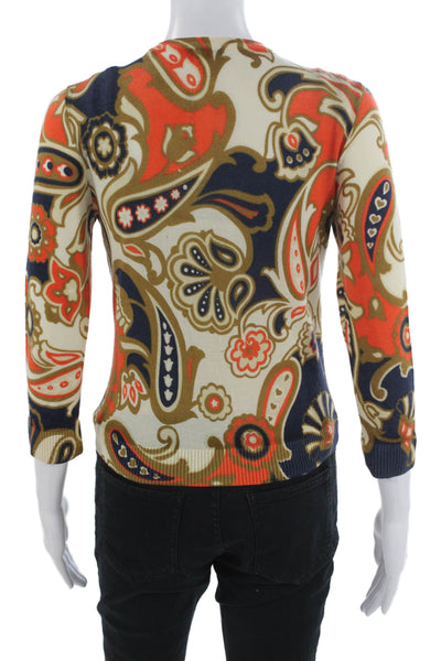 J Crew Women Cardigan Beige Merino Wool Crewneck 3/4 Sleeve Paisley Size S