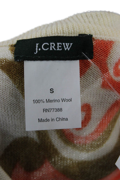 J Crew Women Cardigan Beige Merino Wool Crewneck 3/4 Sleeve Paisley Size S