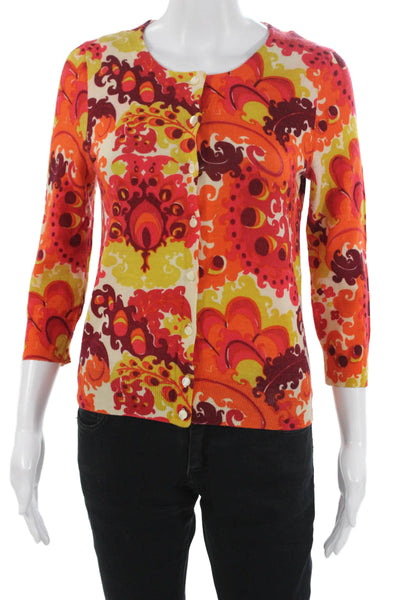 J Crew Womens Cardigan Orange Paisley Wool Crew Neck 3/4 Sleeve Size S
