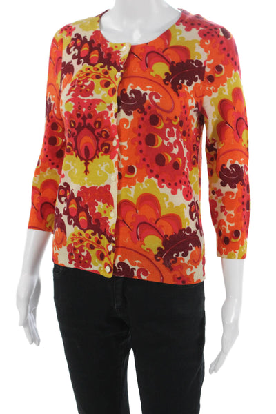 J Crew Womens Cardigan Orange Paisley Wool Crew Neck 3/4 Sleeve Size S
