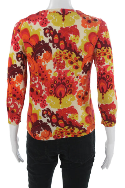 J Crew Womens Cardigan Orange Paisley Wool Crew Neck 3/4 Sleeve Size S