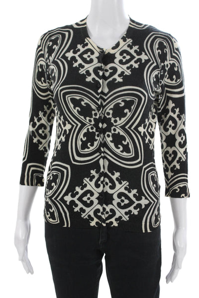 J Crew Unisex Black V-Neck Geometric Cardigan Cotton Blend 3/4 Sleeve Size S