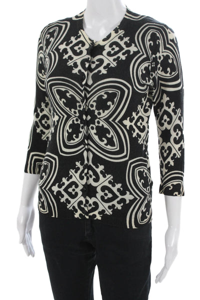 J Crew Unisex Black V-Neck Geometric Cardigan Cotton Blend 3/4 Sleeve Size S