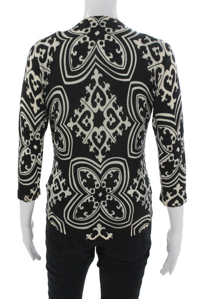 J Crew Unisex Black V-Neck Geometric Cardigan Cotton Blend 3/4 Sleeve Size S