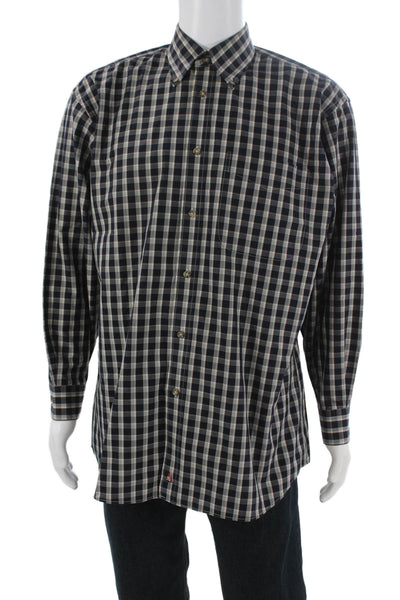 Nordstrom Mens Button Front Long Sleeve Collared Plaid Shirt Navy White Medium