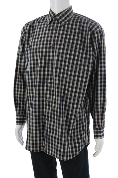 Nordstrom Mens Button Front Long Sleeve Collared Plaid Shirt Navy White Medium