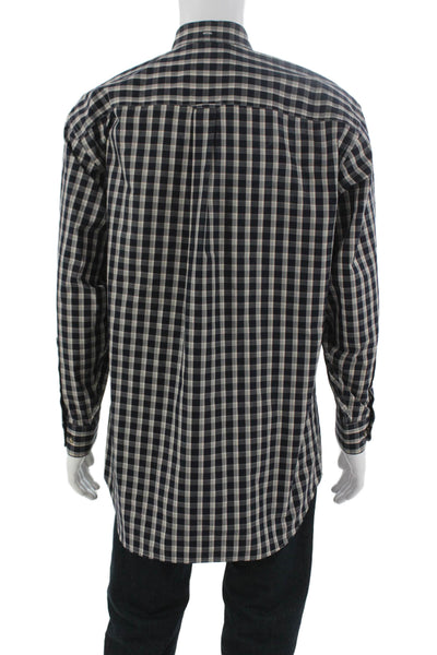 Nordstrom Mens Button Front Long Sleeve Collared Plaid Shirt Navy White Medium