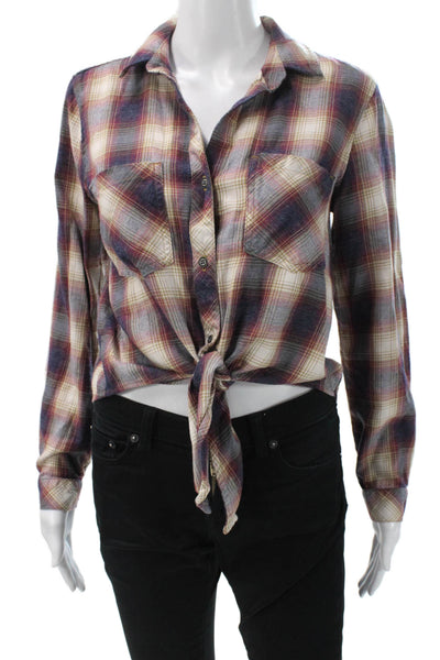 Bella Dahl Women Cropped Beige Plaid Button Up Long Sleeve Tencel Size S