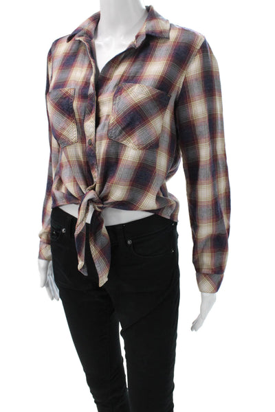 Bella Dahl Women Cropped Beige Plaid Button Up Long Sleeve Tencel Size S