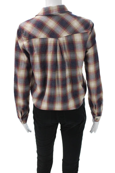 Bella Dahl Women Cropped Beige Plaid Button Up Long Sleeve Tencel Size S