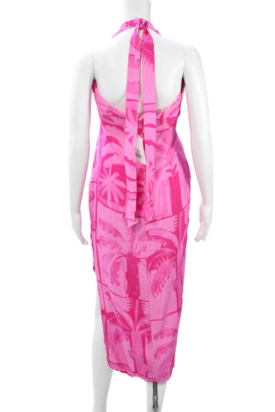 Runaway Women Maxi Sundress Pink Rayon Sleeveless Tie Graphic Beach Size M