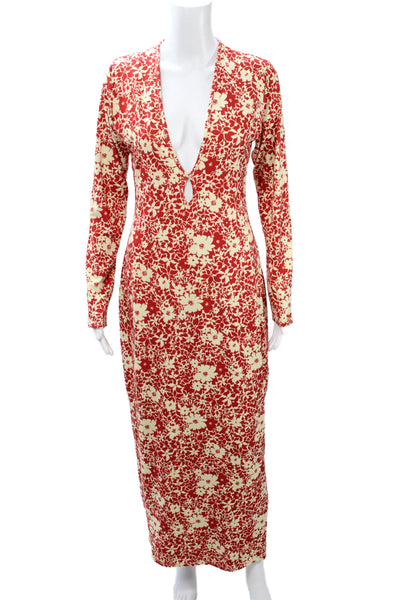 Resa Womens Maxi Sheath Dress Red Floral V-Neck Long Sleeve Size M