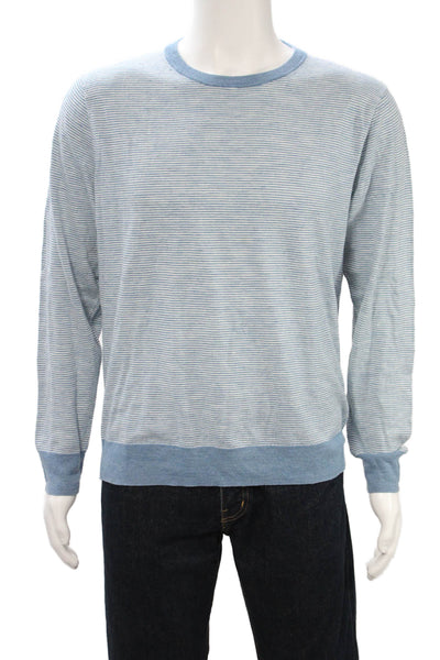 J Crew Mens Pullover Sweater Striped Crewneck Light Blue Long Sleeve Size L