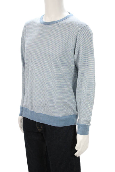 J Crew Mens Pullover Sweater Striped Crewneck Light Blue Long Sleeve Size L