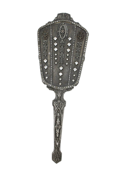 Designer Womens Vintage Silver Tone Hand Mirror + Rhinestone Accents 13"
