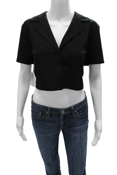 Sunday Best Womens Cropped Black Collared Button Up Short Sleeve Top 90s Size L