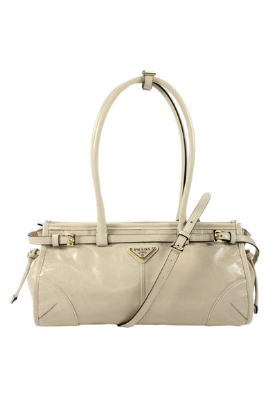 Prada Womens Double Handle Logo Medium Leather Bonnie Tote Handbag Beige