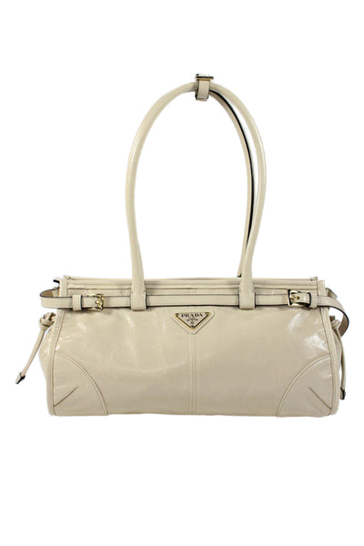 Prada Womens Double Handle Logo Medium Leather Bonnie Tote Handbag Beige