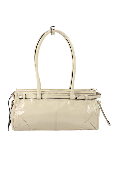 Prada Womens Double Handle Logo Medium Leather Bonnie Tote Handbag Beige