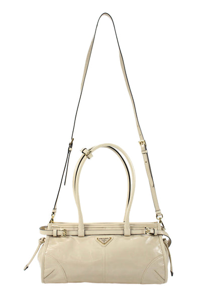 Prada Womens Double Handle Logo Medium Leather Bonnie Tote Handbag Beige