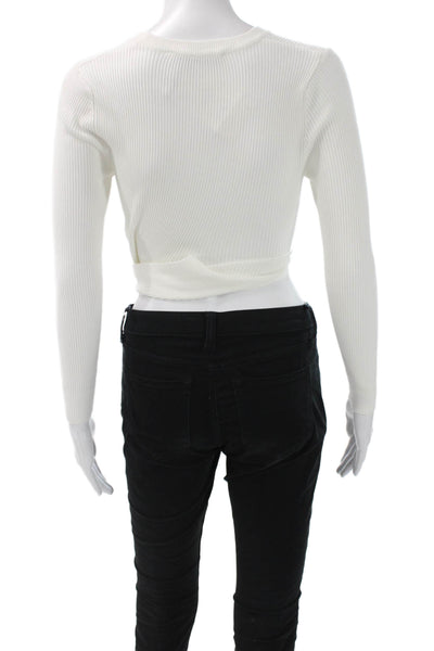 Zara Womens Cropped Viscose Blend Crew Neck Tie Sweater White Size M