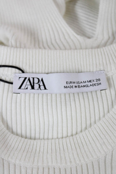Zara Womens Cropped Viscose Blend Crew Neck Tie Sweater White Size M