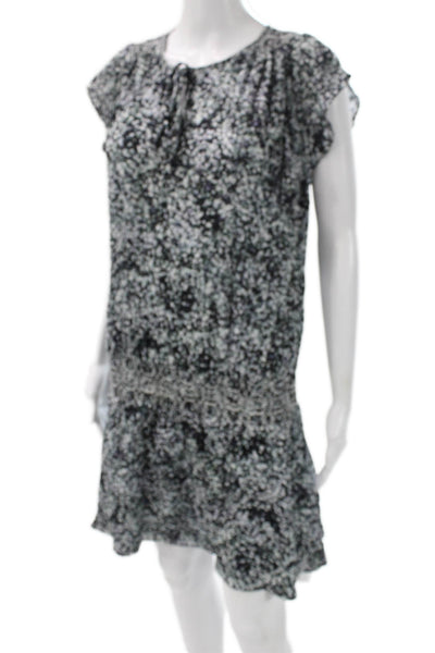 Parker Women Shift Dress Black Silk Floral Short Sleeve Size XS