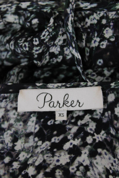 Parker Women Shift Dress Black Silk Floral Short Sleeve Size XS