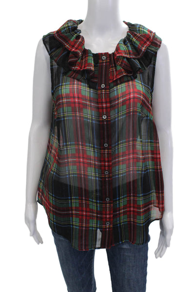 J Crew Women Black Plaid Sleeveless Button Up Polyester Blend Blouse Size S