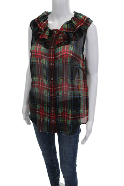 J Crew Women Black Plaid Sleeveless Button Up Polyester Blend Blouse Size S