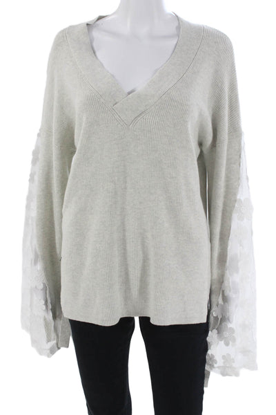 French Connection Unisex Pullover Gray Merino VNeck Floral Long Sleeve Size M