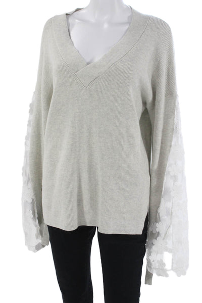 French Connection Unisex Pullover Gray Merino VNeck Floral Long Sleeve Size M