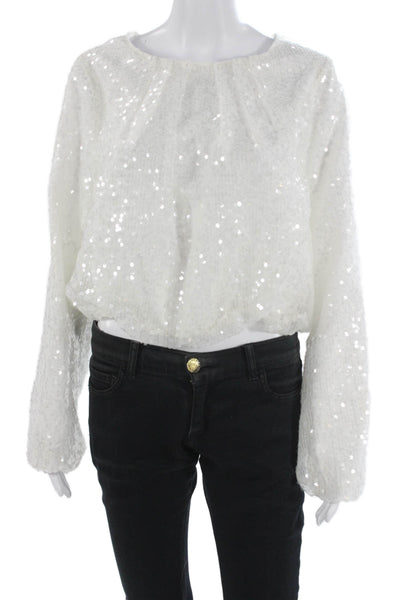 Wayf Womens White Long Sleeve Round Neck Blouse Fall Size L