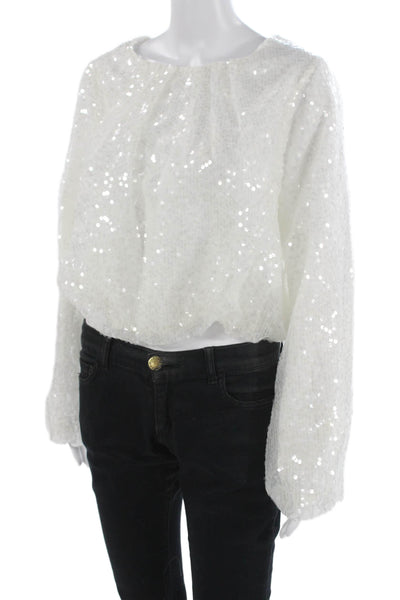 Wayf Womens White Long Sleeve Round Neck Blouse Fall Size L