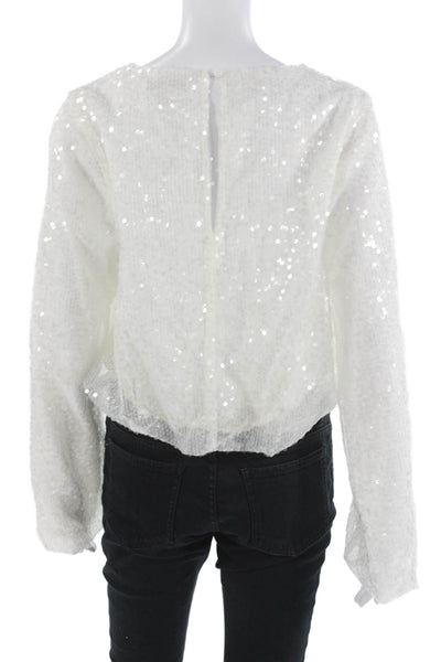 Wayf Womens White Long Sleeve Round Neck Blouse Fall Size L