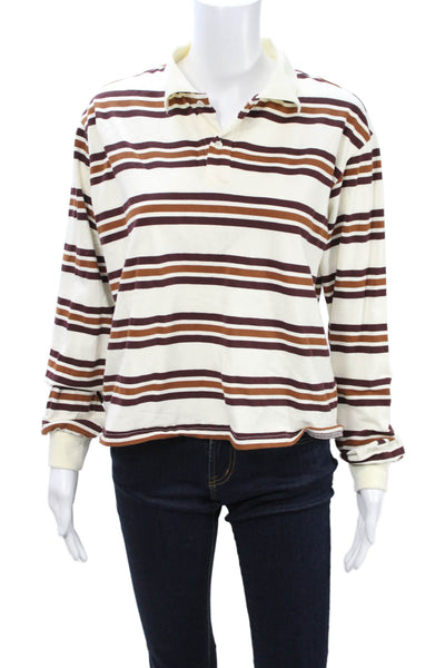 Lioness Women Jersey Striped Collared Polo Long Sleeve Beige Cotton Size L